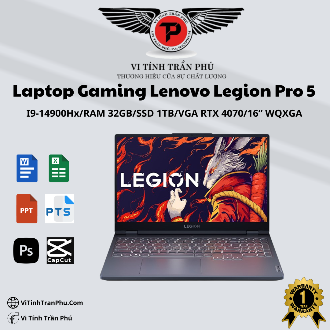 Laptop Gaming Lenovo Legion Pro 5 Y9000P IRX9 ( I9-14900Hx\Ram 32G\1T Ssd\Rtx 4070\16” WQXGA\ Win 11\GREY_Nk)